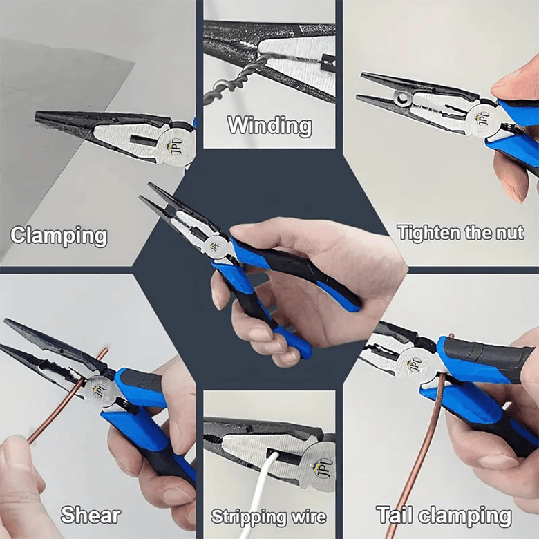 JPT 8-Inch Long Heavy Duty Nose Plier With Hard Carbon Steel Jaws And Comfort Grip Handles | Long Nose Cutting Pliers for AC Wiring, Cutting, And Gripping