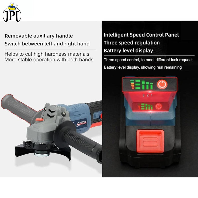 JPT 21V Brushless Heavy Duty Cordless Angle Grinder | 11000 RPM Speed | 21mm Cutting Depth | Smart Variable Speed Control Panel | 4000mAh Battery | Fast Charger