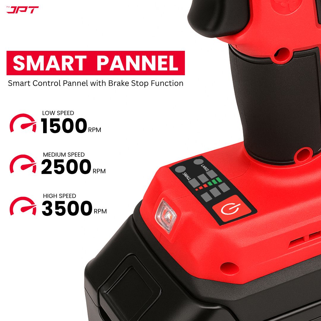 JPT 21V Heavy-Duty Cordless Impact Wrench | Brushless Motor | 400N·M Torque | 3500RPM Speed | 4000mAh Li-Ion Battery | Smart LED Display & Panel | Forward/Reverse | Best for Car, Bike, and Home Use