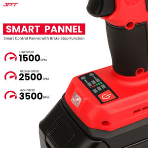 JPT 21V Heavy-Duty Cordless Impact Wrench | Brushless Motor | 400N·M Torque | 3500RPM Speed | 4000mAh Li-Ion Battery | Smart LED Display & Panel | Forward/Reverse | Best for Car, Bike, and Home Use