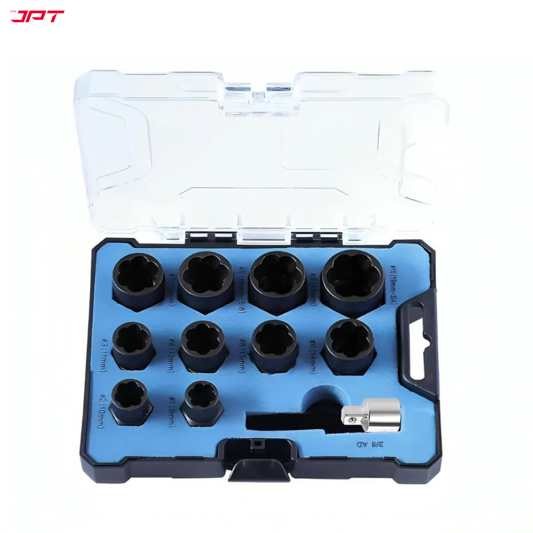 JPT 10+1 Piece Impact Nut & Bolt Extractor Set with 3/8-inch Drive Hex Adapter | Extraction Socket Set for Removing Damaged, Frozen, Rusted, Rounded-Off Bolts and Nuts