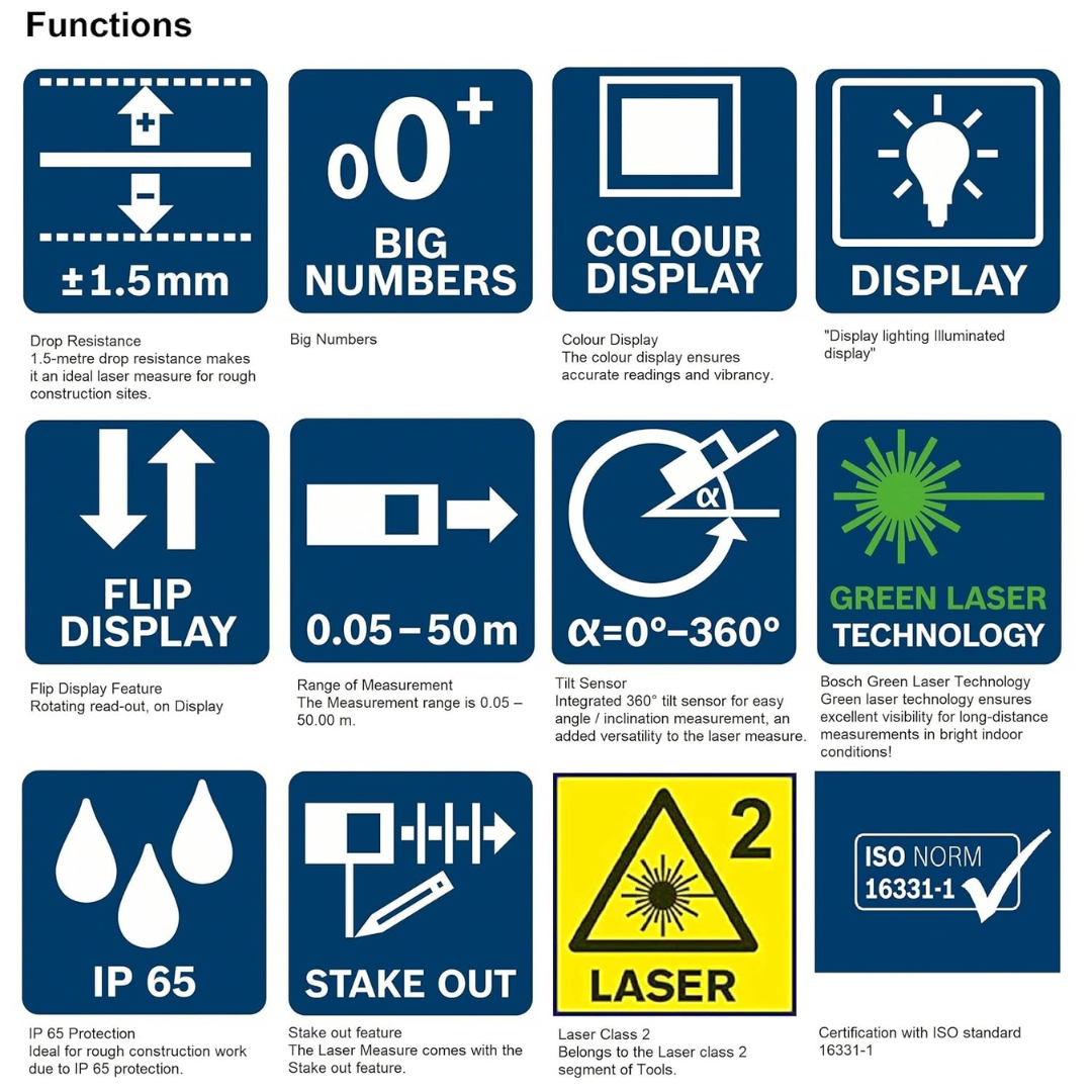 Bosch GLM 50-23 G 50M Range Laser Distance Meter with Green Color Backlit Display