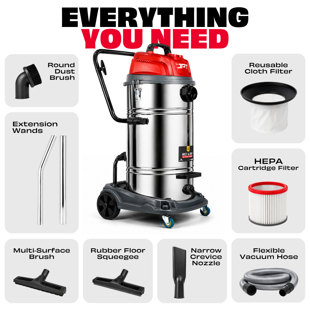 JPT Heavy Duty Commercial 70LTR Vacuum Cleaner | 3000W Double Motor | 28 KPA Suction Power | 70L SS Container | 99.6% HEPA Filtration | Clean Wet & Dry Messes Of Home & Industrial