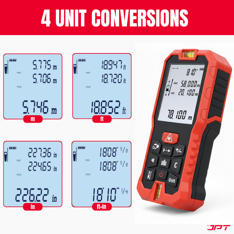 JPT 70M Laser Distance Meter | Digital Laser Measuring Tool with Area & Volume Calculation, Pythagorean Height Mode, Continuous Measurement, Unit Conversion, Backlit Display & Bubble Level