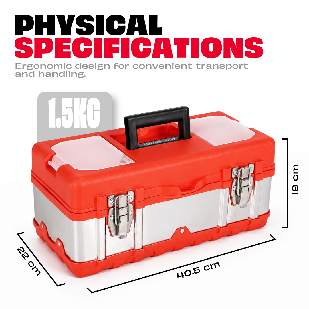 JPT 17-Inch Metal Tool Box, Transparent Top Organizer, Removable Tray | 17 Inches Heavy-Duty Metal Body Transparent Lid Organizer Removable Organizer Tray Heavy-Duty Metal Hinges Locking Latch