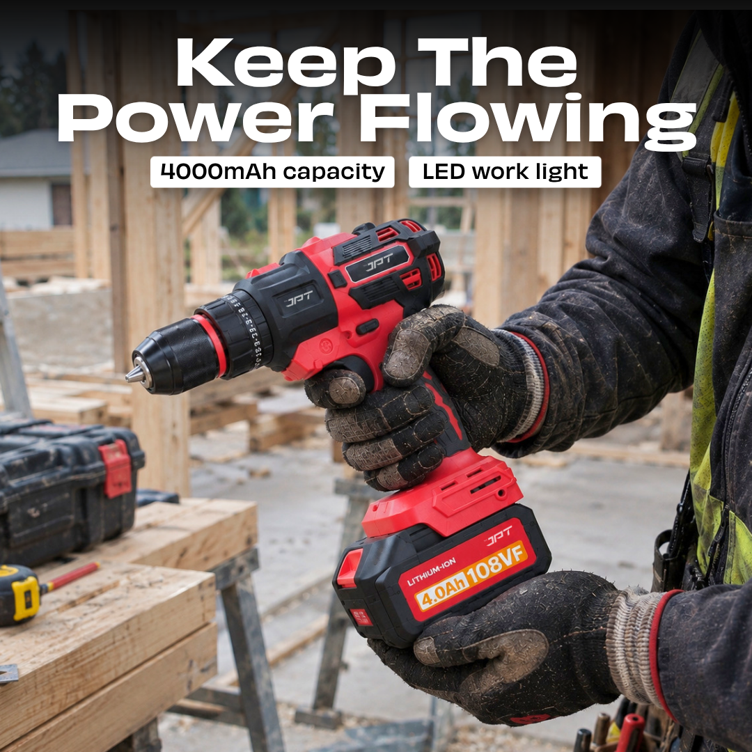 JPT Heavy Duty Brushless 3-In-1 Cordless Power Tool Set | 3-Speed Power Unit with Impact Wrench, Impact Drill, and Rotary Hammer Attachment