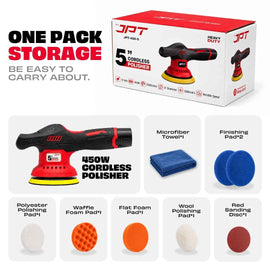 JPT 5-inch cordless car polisher full product set with 7 polishing pads 2 batteries and fast charger on white background