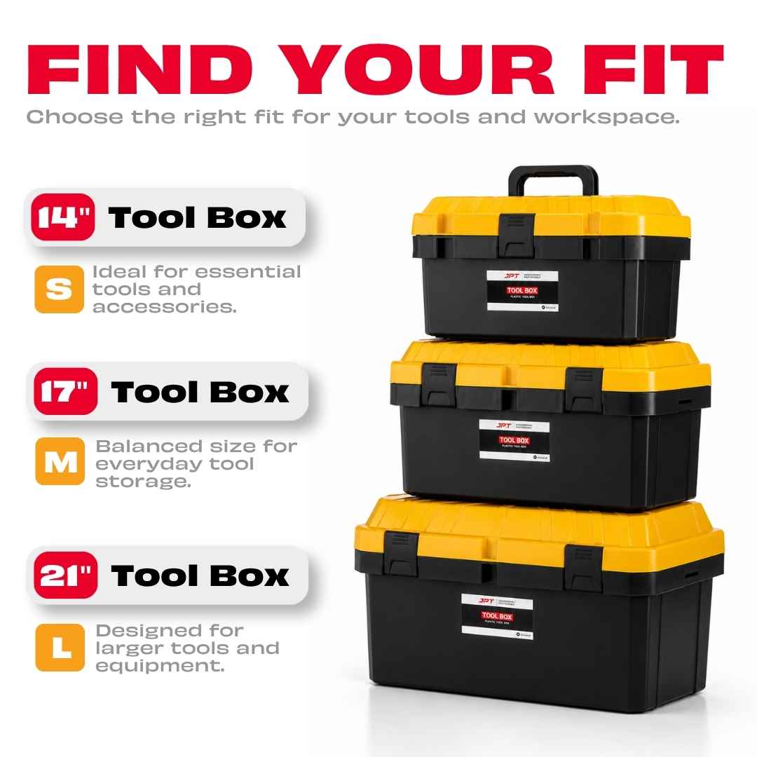 Electrician or mechanic using JPT 21 inch yellow heavy duty tool box on a professional job site