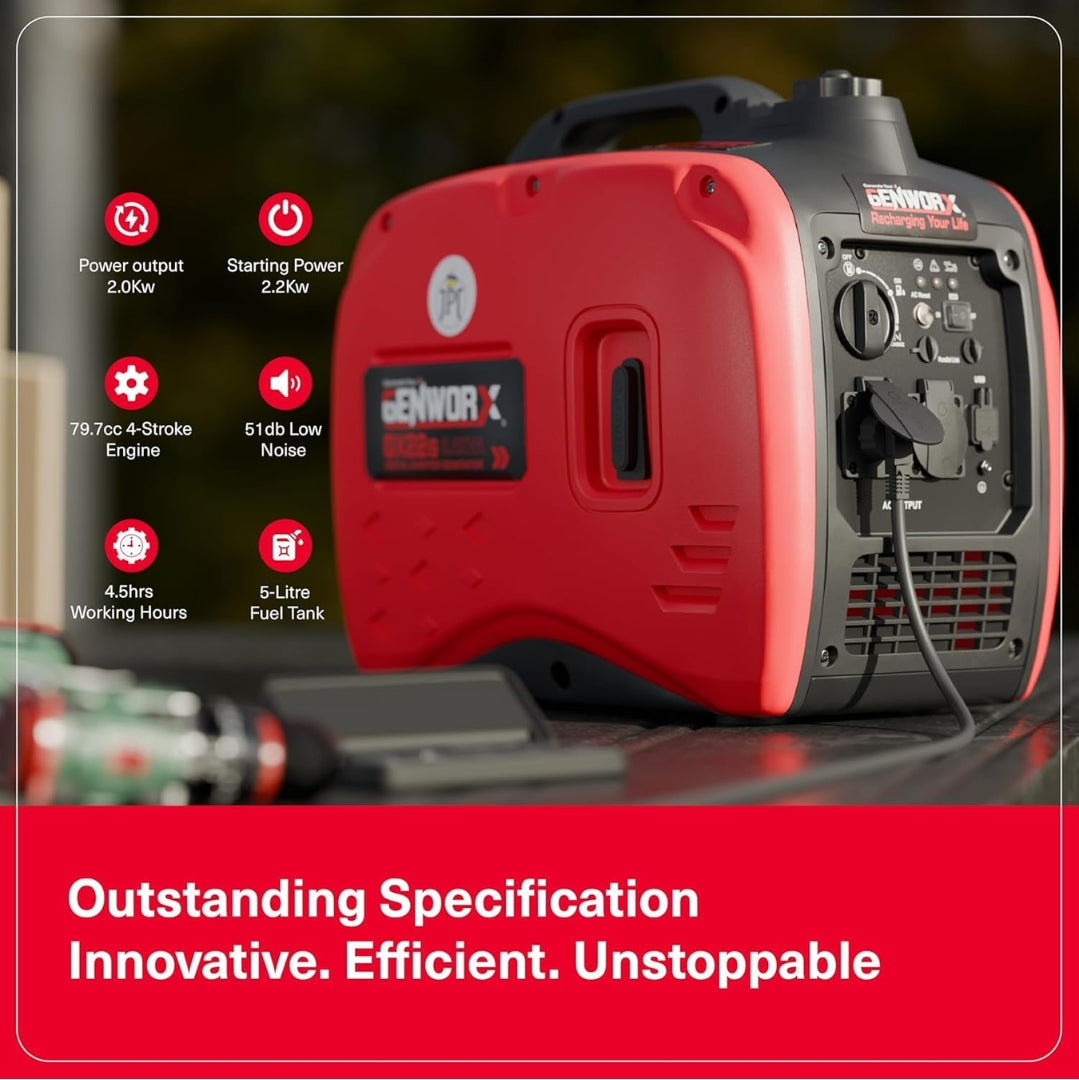 JPT Genworx GX24iS Petrol Electric Generator | 79.7cc 4-stroke Ohv | 2200 Peak Watts Power | 5L Fuel Tank | 4 Hours Running at Quarter-Load | 2.2kW Electric Generator for Home and Outdoor