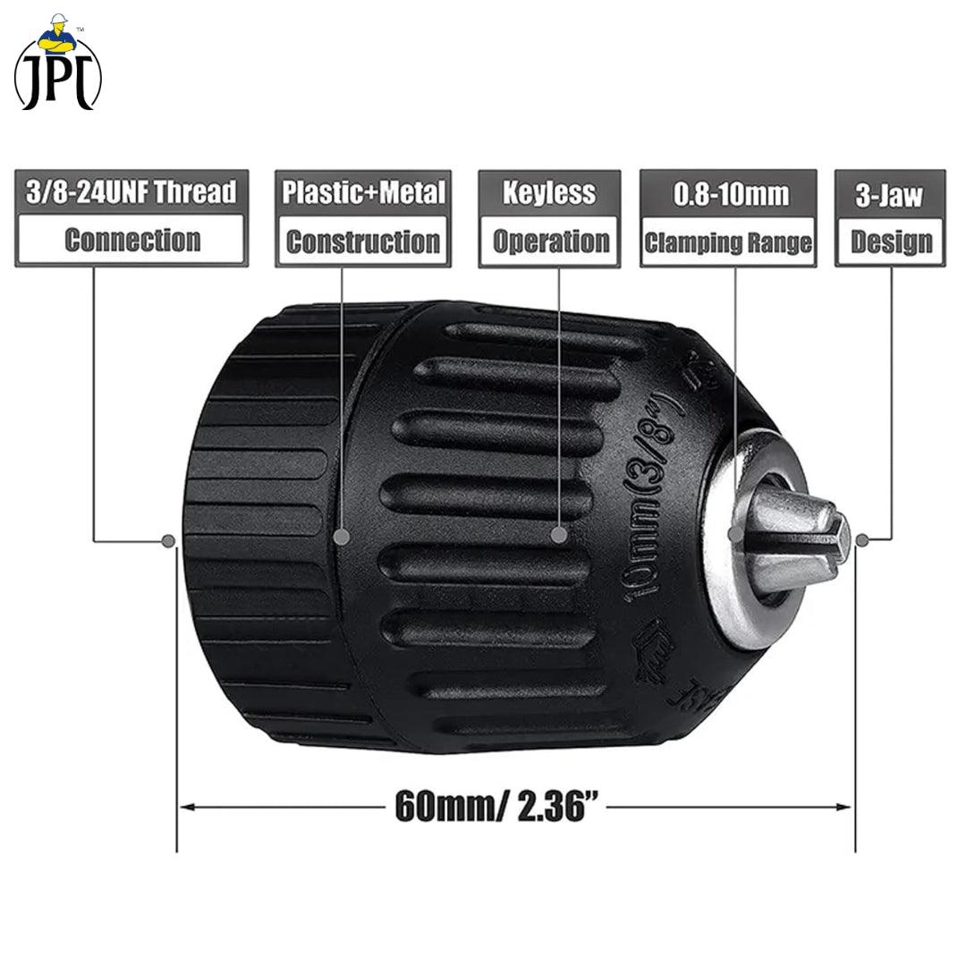 JPT Heavy Duty 10MM Clamping Capacity Keyless Drill Chuck | 3/8-24UNF Mount for Forward and Reverse Cordless & Electric Drill Machine