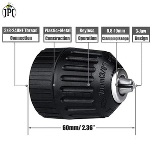 JPT Heavy Duty 10MM Clamping Capacity Keyless Drill Chuck | 3/8-24UNF Mount for Forward and Reverse Cordless & Electric Drill Machine