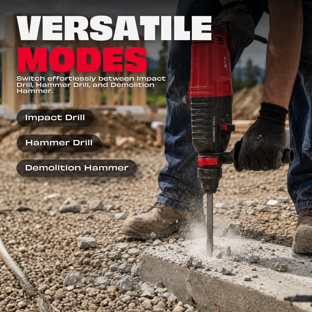 JPT Pro 26MM SDS-Plus Heavy-Duty Rotary Hammer Drill Machine | 1050W Motor | 1200RPM Speed | 3.0 Joules Impact | 4900 BPM Force | 3 Function Modes | Forward & Reverse Function
