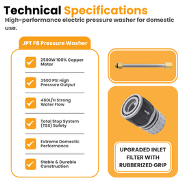 JPT F8 2.0 3500 PSI (250 Bar) electric pressure washer with 2500W copper motor, 10 L/min flow and TSS. Portable heavy-duty cleaner for car, bike and home use.