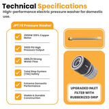JPT F8 2.0 3500 PSI (250 Bar) electric pressure washer with 2500W copper motor, 10 L/min flow and TSS. Portable heavy-duty cleaner for car, bike and home use.