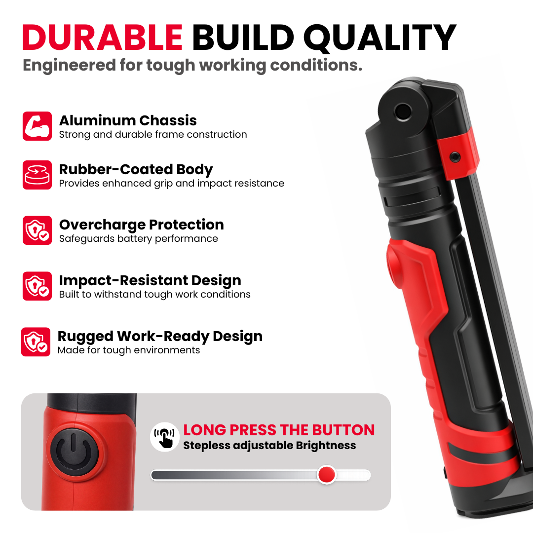 Buy JPT high-performance LED work light with 1000 lumens COB output, magnetic base, and 180° foldable head for precise positioning. Buy Now