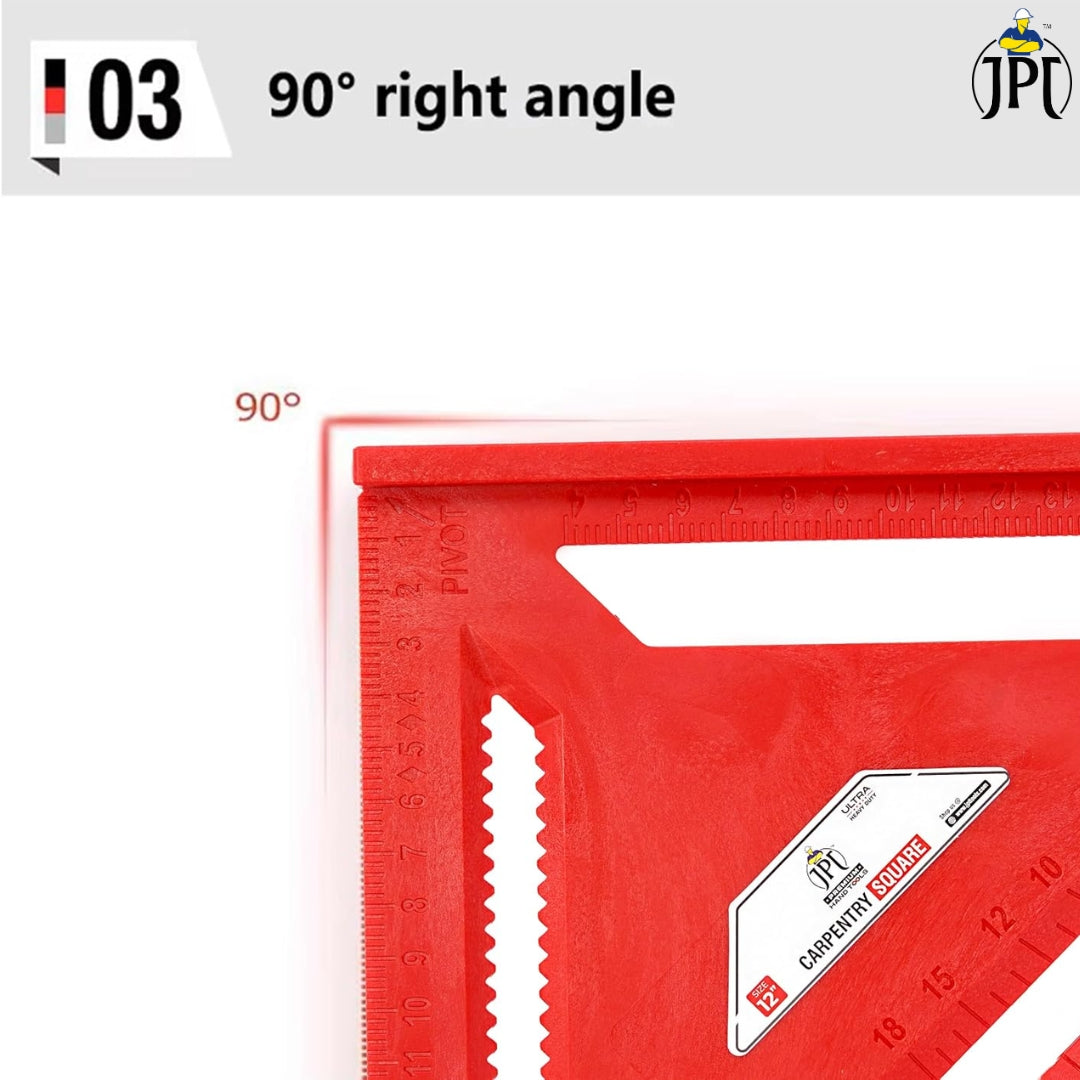 JPT 12-Inch Thickened 45°/90° Carpenter Square | ABS Build Triangle Ruler | Laser-Engraved Scale | Widened Base Design | Best For Carpentry, Woodworking, Construction, And DIY