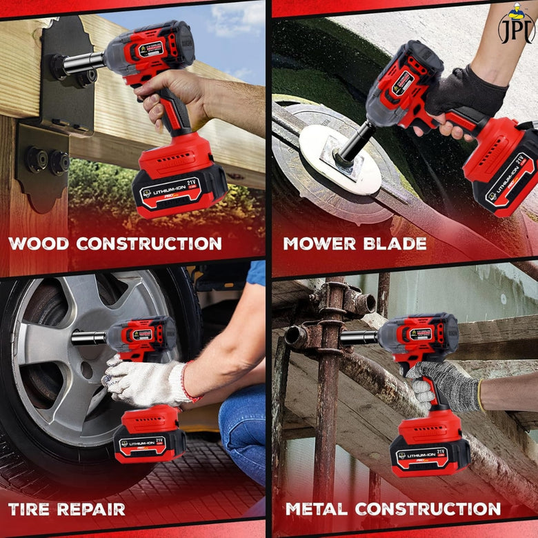 JPT Pro Series Brushless 21-volt Cordless Impact Wrench | 570N.m Torque | 4400 RPM Speed | 2 Speed Modes | 1/2-Inch Hex Shank | Bright LED Light | 4000mAh Battery | Fast Charger | 12 Months Warranty