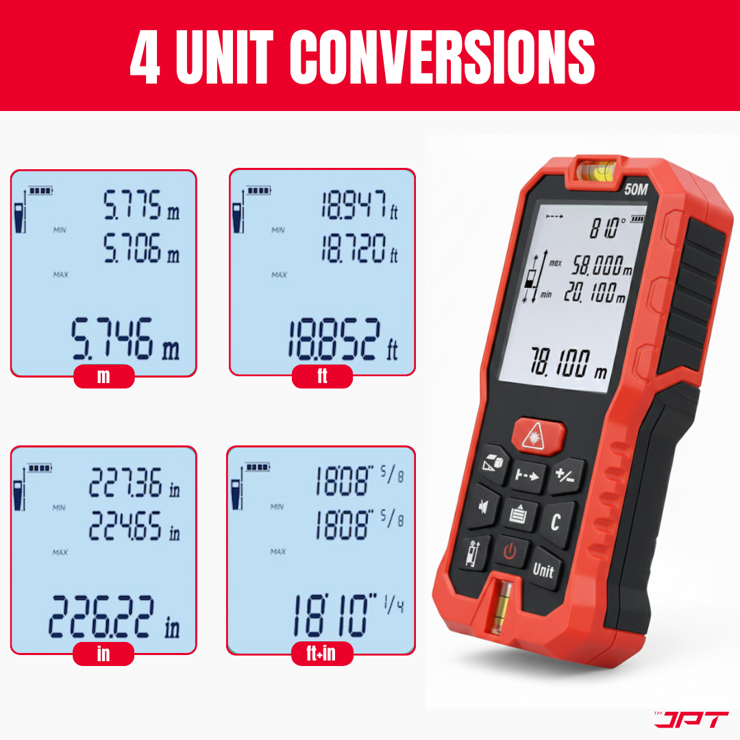 Buy JPT 50M Digital Laser Distance Meter with distance, area, volume & indirect height calculation — ideal for site engineers, contractors & interior projects.
