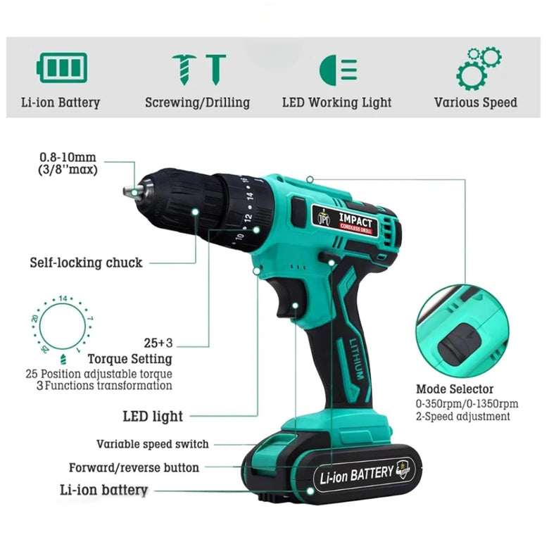 JPT 21v Portable Impact Cordless Drill Machine | 28N.M Torque | 1350RPM Speed | 2 Seed Mode | 3 Function Modes | 2000mAh Battery |  6-Months Warranty