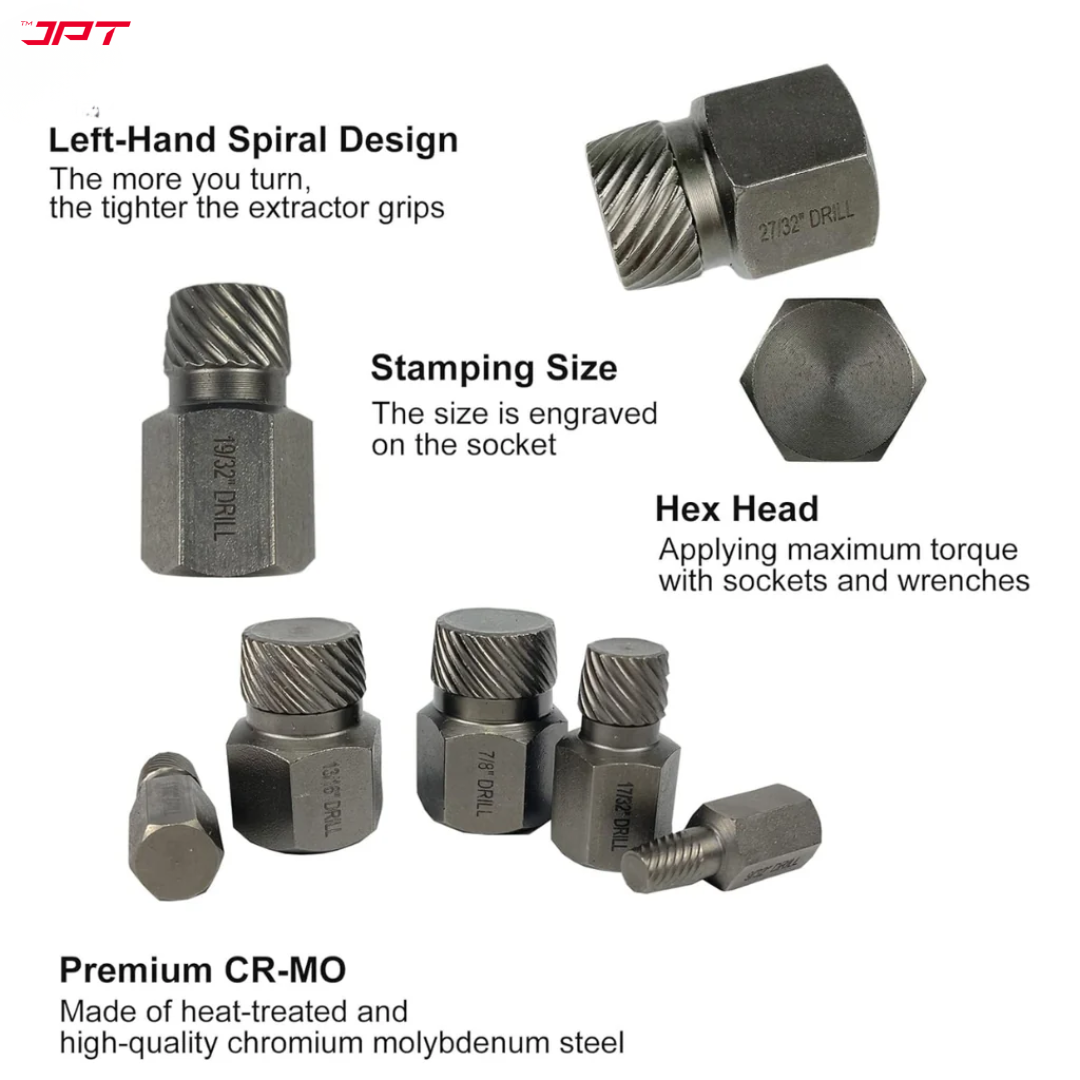 JPT 25-Piece Damaged Screw Extractor Set | Hex Head Multi-Spline Remover | Rounded Bolt Remover for Broken Studs, Bolts, Hex Sockets, Screws, and Fittings