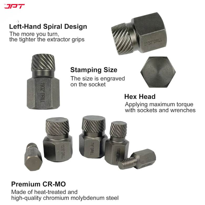 JPT 25-Piece Damaged Screw Extractor Set | Hex Head Multi-Spline Remover | Rounded Bolt Remover for Broken Studs, Bolts, Hex Sockets, Screws, and Fittings