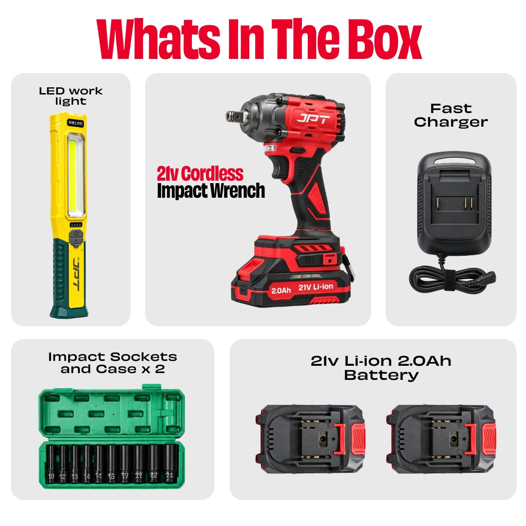 JPT 21V Brushless Impact Wrench, 450Nm, 1/2" Drive, 2 Batteries 2×2.0Ah Li-ion Batteries • 10 CR-V Sockets • LED Work Light • Fast Charger • Socket Case • Smart Control Panel