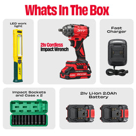 JPT 21V Brushless Impact Wrench, 450Nm, 1/2" Drive, 2 Batteries 2×2.0Ah Li-ion Batteries • 10 CR-V Sockets • LED Work Light • Fast Charger • Socket Case • Smart Control Panel