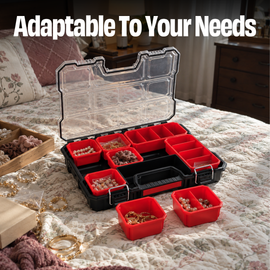JPT Shallow Tool Organizer Box with 8 Removable Containers and Dividers, Heavy-Duty Storage Case with Transparent Lid for Tools, Hardware, Screws, and Small Items