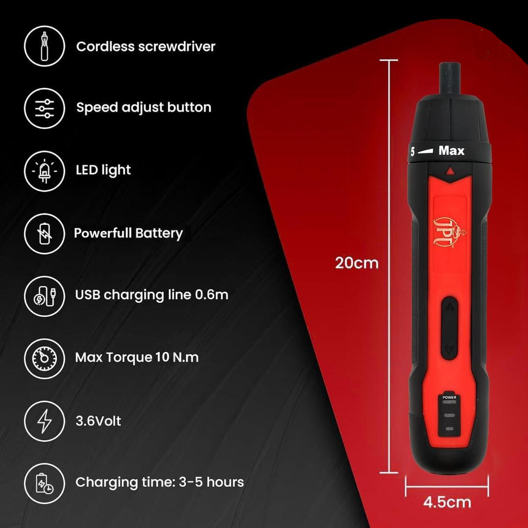 JPT 3.6V Powerfull Cordless Screwdriver Rechargeable Set with Li-ion Battery, 30 Bits & Extension Rod, 3 LED, 6 Adjustable Torque, Magnetic Hex Chuck, Mini Electric Screw driver Kit