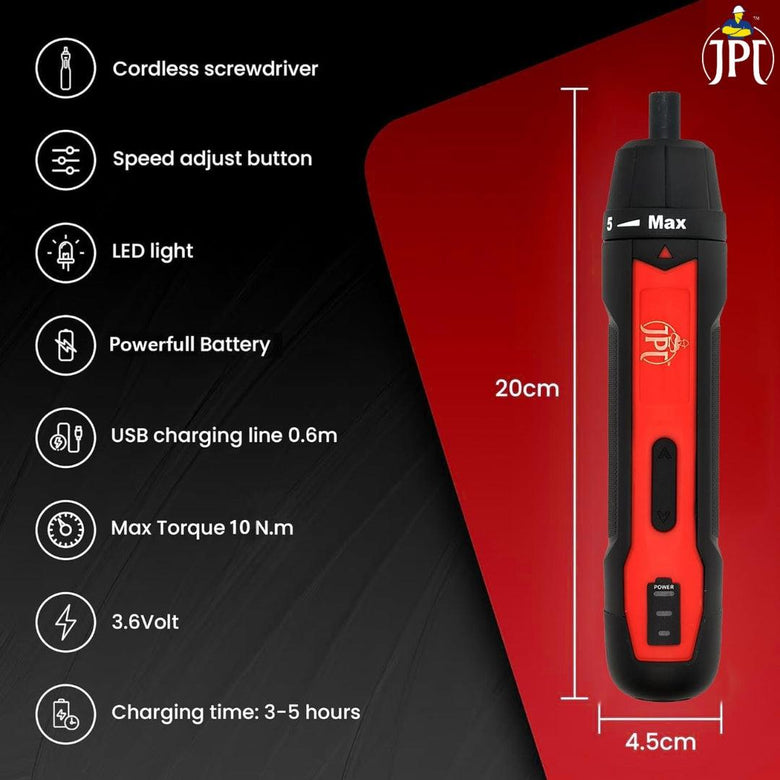 JPT 3.6V Powerfull Cordless Screwdriver Rechargeable Set with Li-ion Battery, 30 Bits & Extension Rod, 3 LED, 6 Adjustable Torque, Magnetic Hex Chuck, Mini Electric Screw driver Kit