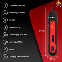 JPT 3.6V Powerfull Cordless Screwdriver Rechargeable Set with Li-ion Battery, 30 Bits & Extension Rod, 3 LED, 6 Adjustable Torque, Magnetic Hex Chuck, Mini Electric Screw driver Kit