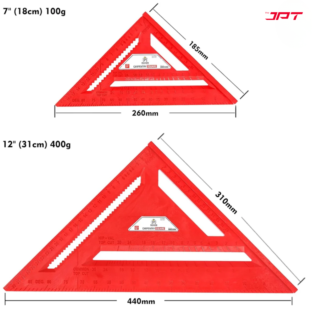 Buy now the JPT 7-inch thickened 45°/90° carpenter square, featuring precision laser markings, high-quality build, widened base, and user-friendly design.
