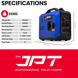JPT GENWORX 4000W Inverter Generator, 3600W Rated, Portable Petrol Generator, Pure Sine Wave for Camping, RV, Outdoor, and Emergency Backup Power