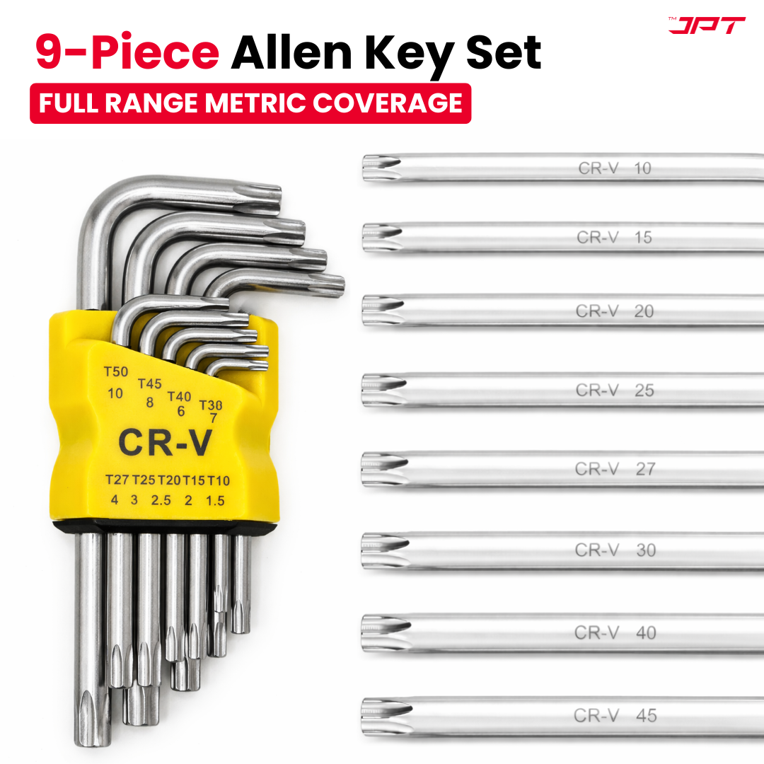 Buy JPT 9-piece CR-V Torx Allen key set (T10–T50) with 5-inch L-type design for extra leverage. Heavy duty cr-v hex key set for bike, car and workshop repair.