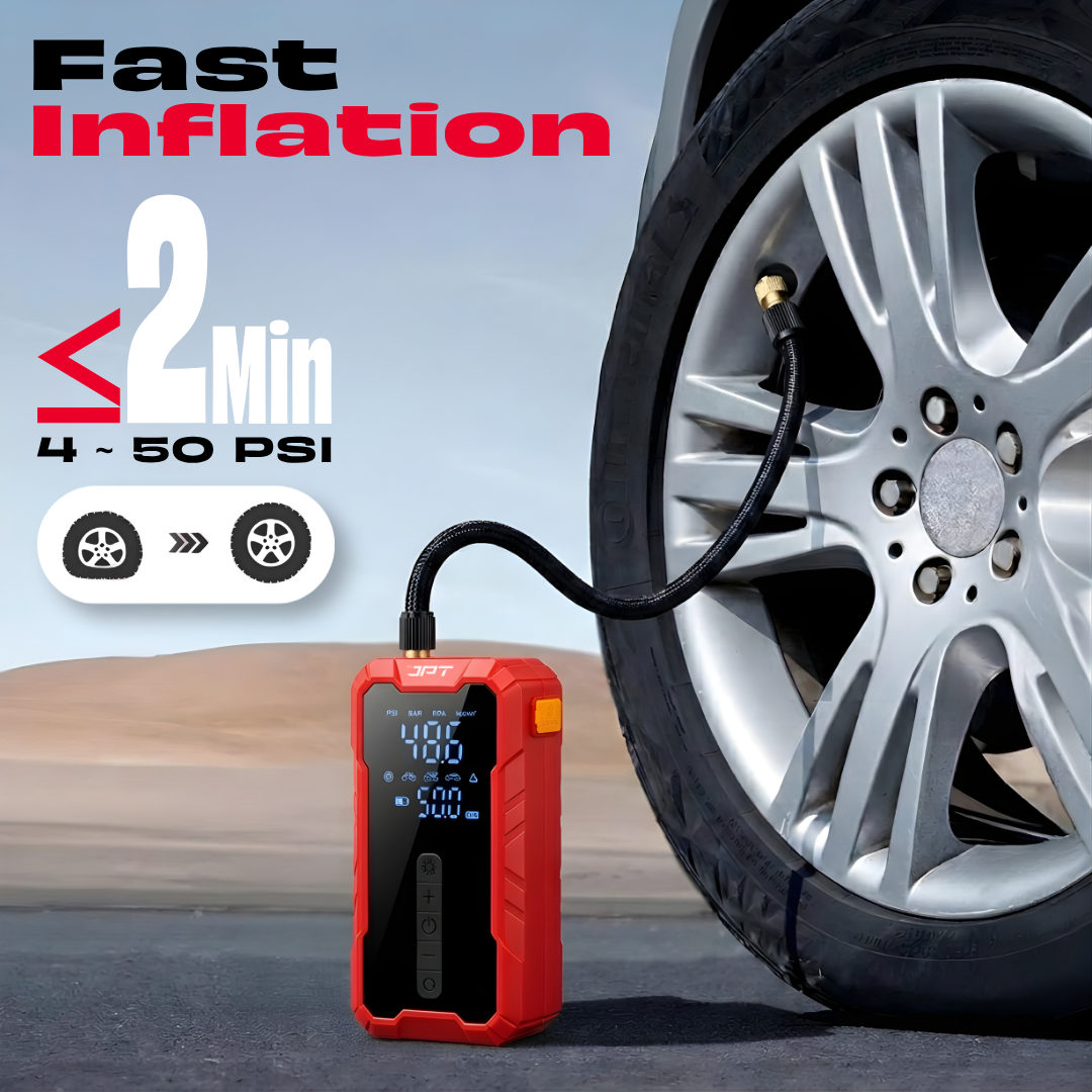 JPT Tools Portable Tyre Inflator & Car Jump Starter | 8000mAh Air Compressor for Cars, Bikes & Bicycles | Quick Inflation | Auto Shut Off | LED Light | Power Bank | EC5 Clamp & Valve Adapters Included