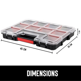 JPT Shallow Tool Organizer Box with 8 Removable Containers and Dividers, Heavy-Duty Storage Case with Transparent Lid for Tools, Hardware, Screws, and Small Items