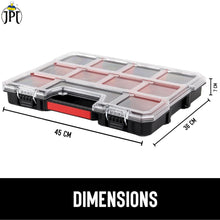 JPT Shallow Tool Organizer Box with 8 Removable Containers and Dividers, Heavy-Duty Storage Case with Transparent Lid for Tools, Hardware, Screws, and Small Items