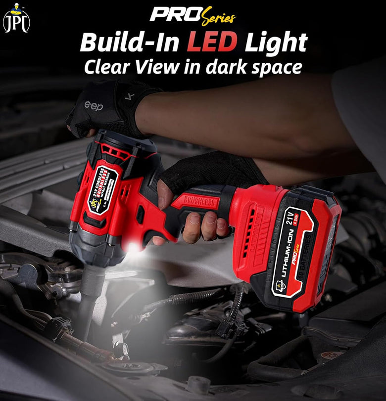 JPT Combo Pro Series Brushless 21v Cordless Impact Wrench with 10-Piece Impact Socket Set | 350N.M Torque | 0-3450RPM Speed | 4000mAh Battery | All Accessories Included | 12-Months Warranty