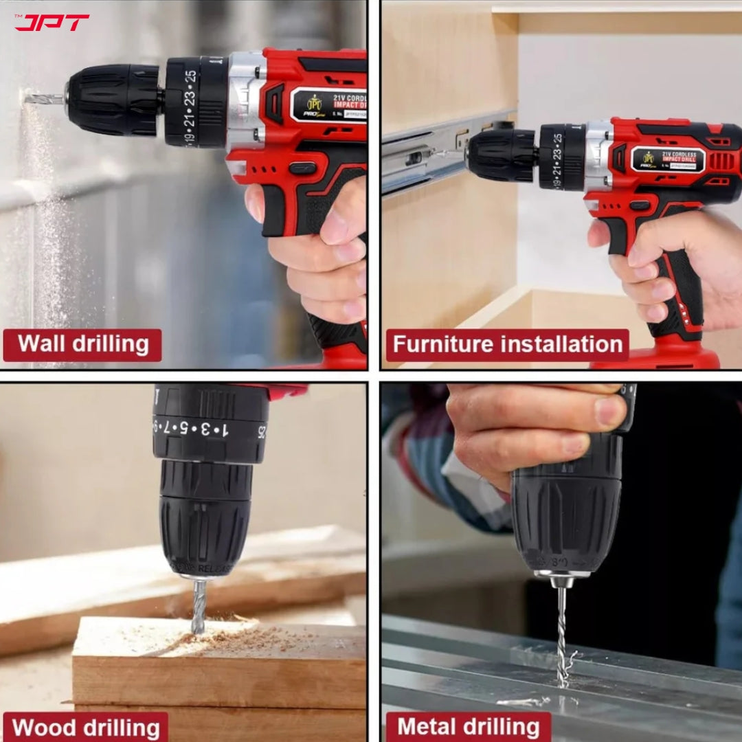 JPT Pro Series 21V Heavy-Duty Impact Cordless Drill Machine | Max. 40N.M Torque | Max. 0-1600RPM Speed | 10MM Keyless Chuck | 25+3 Gears Setting | 2000mAh Battery | One Year Warranty