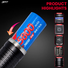 Buy JPT K17 super bright LED flashlight featuring rechargeable LED torch with 4800mAh battery, USB-C charging, power bank, telescopic zoom, and much more.