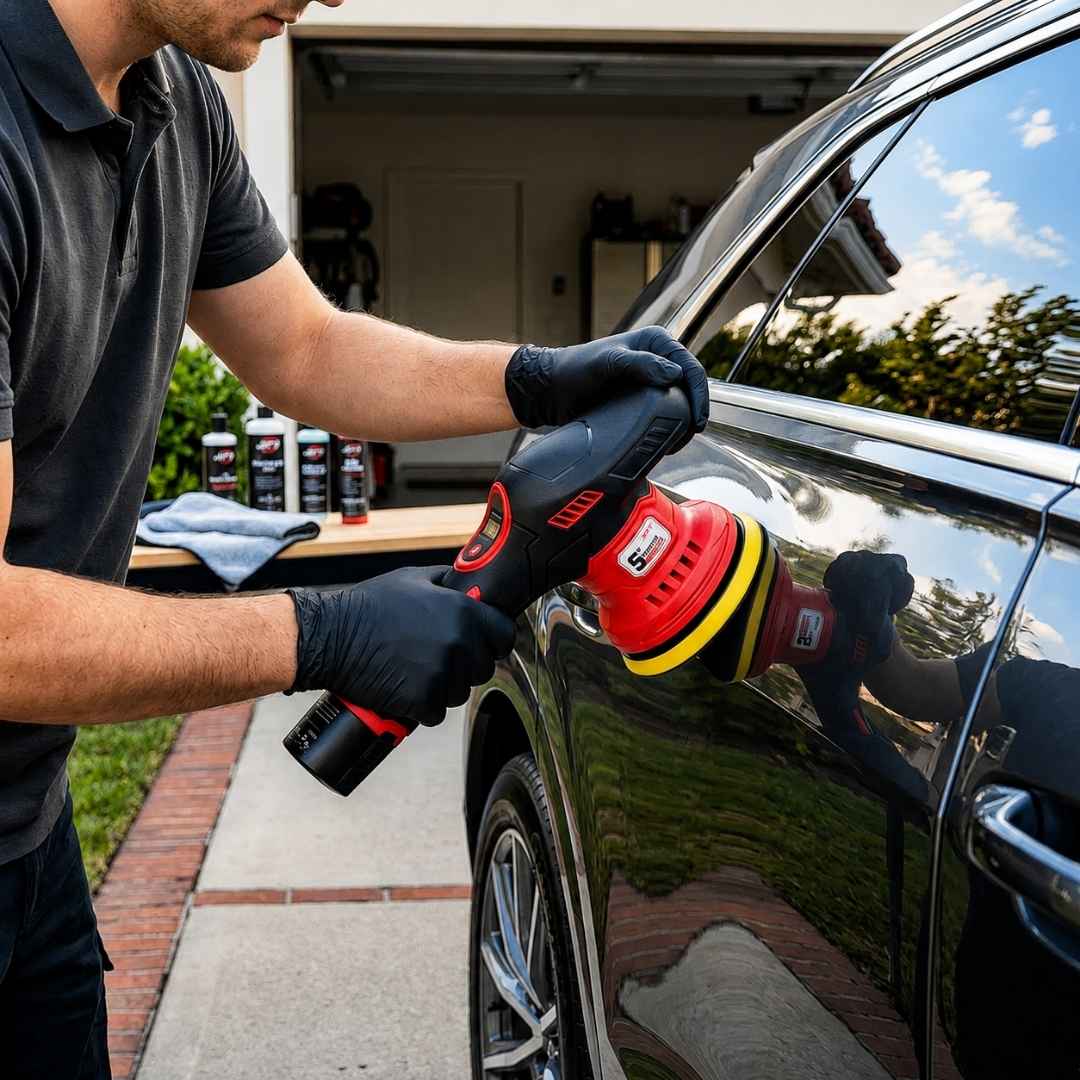 Man polishing black SUV car door panel with JPT 5-inch cordless car polisher outdoors at driveway