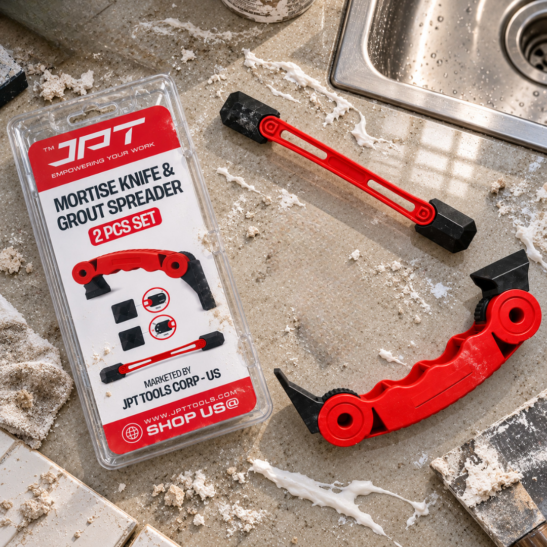 JPT Caulking Tool Set, 2-Piece Mortise Knife & Grout Spreader 2-Piece Set • Adjustable Heads • Caulk Removal & Finishing • Corners & Flat Surfaces • Reusable Design