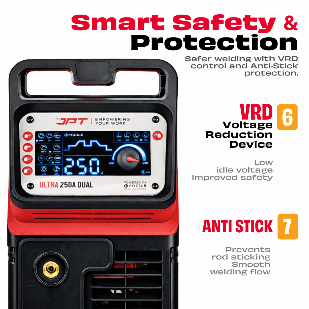 JPT 250A Ultra Heavy Duty Dual Phase ARC/MMA Inverter Welding Machine (220V / 380V) with Lift TIG, VRD, Hot Start, Arc Force, Anti-Stick & Digital Display