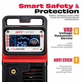 JPT 250A Ultra Heavy Duty Dual Phase ARC/MMA Inverter Welding Machine (220V / 380V) with Lift TIG, VRD, Hot Start, Arc Force, Anti-Stick & Digital Display