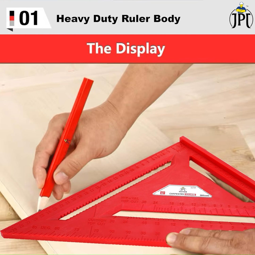 JPT 12-Inch Thickened 45°/90° Carpenter Square | ABS Build Triangle Ruler | Laser-Engraved Scale | Widened Base Design | Best For Carpentry, Woodworking, Construction, And DIY