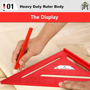 JPT 12-Inch Thickened 45°/90° Carpenter Square | ABS Build Triangle Ruler | Laser-Engraved Scale | Widened Base Design | Best For Carpentry, Woodworking, Construction, And DIY