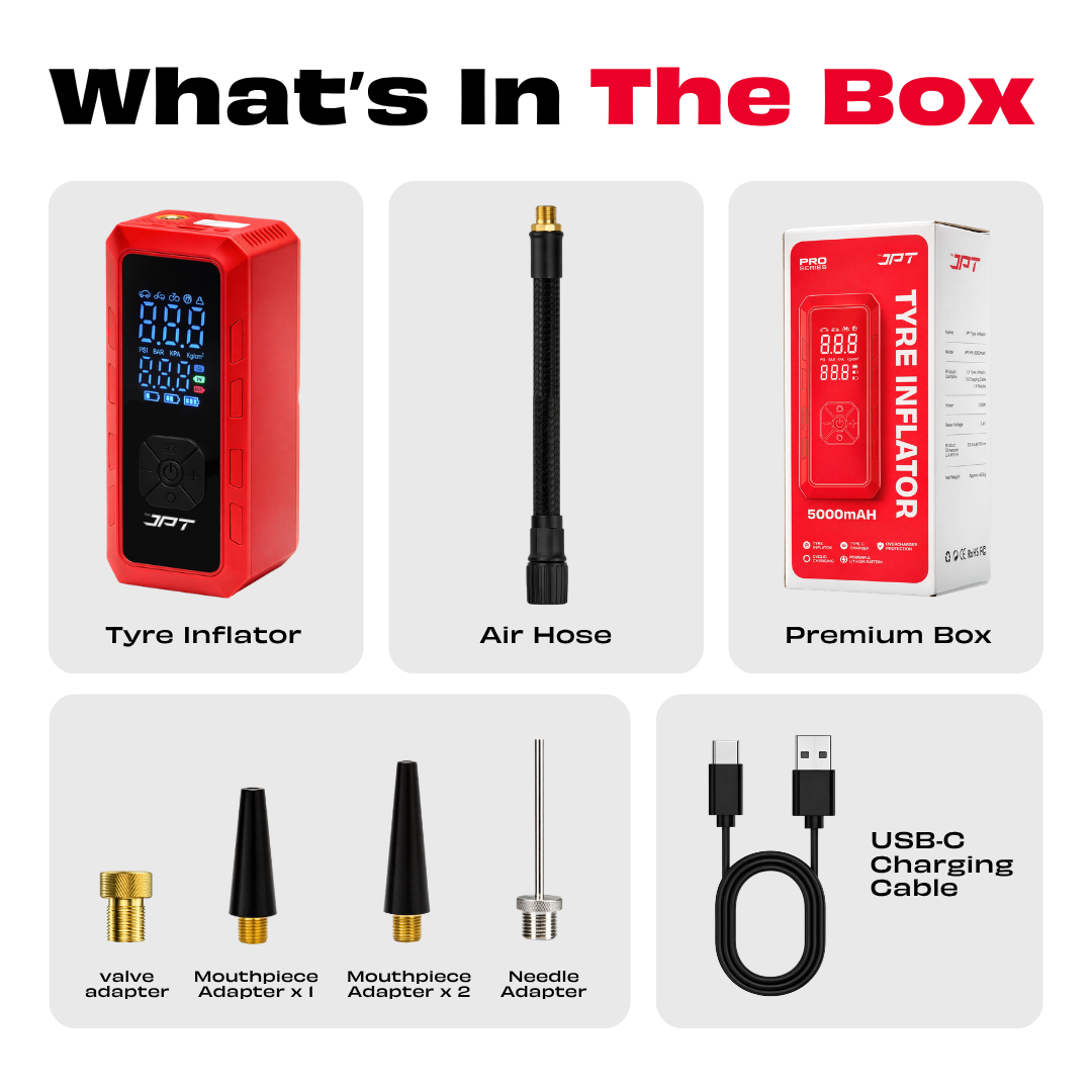 JPT Cordless Tyre Inflator | 5000mAh Air Compressor with Power Bank & Type-C Charging | Preset Modes, Auto Stop, Multi-Unit Display | Portable Pump for Car, Bike, Cycle & Ball | Red