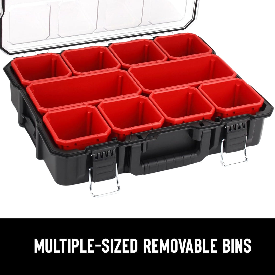 JPT Deep Tool Organizer Box with 10 Removable Bins, Heavy-Duty Storage Case with Transparent Lid for Tools, Hardware, Screws, Nuts, and Small items