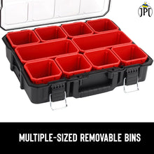 JPT Deep Tool Organizer Box with 10 Removable Bins, Heavy-Duty Storage Case with Transparent Lid for Tools, Hardware, Screws, Nuts, and Small items