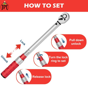 JPT 1/2 Inch Square Drive Torque Wrench, 5-110N.m, Bi-Directional Ratchet for Car Repair, Adjustable Precision Tool for Automotive, Motorcycle, and Bicycle Maintenance
